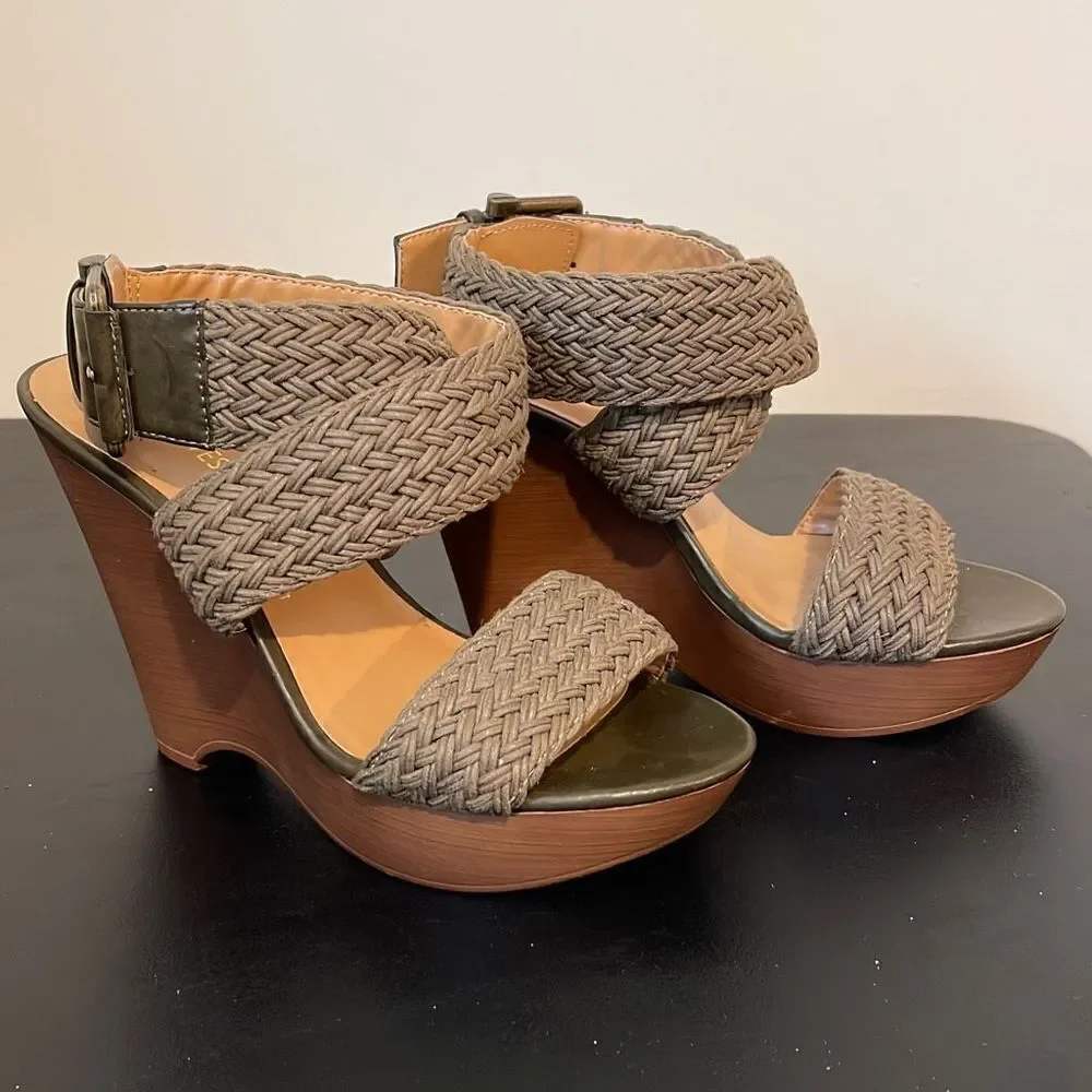 Nine West Womens Marlon Platform Heels‎ Wedge Woven Sandals Olive Green Size 6.5